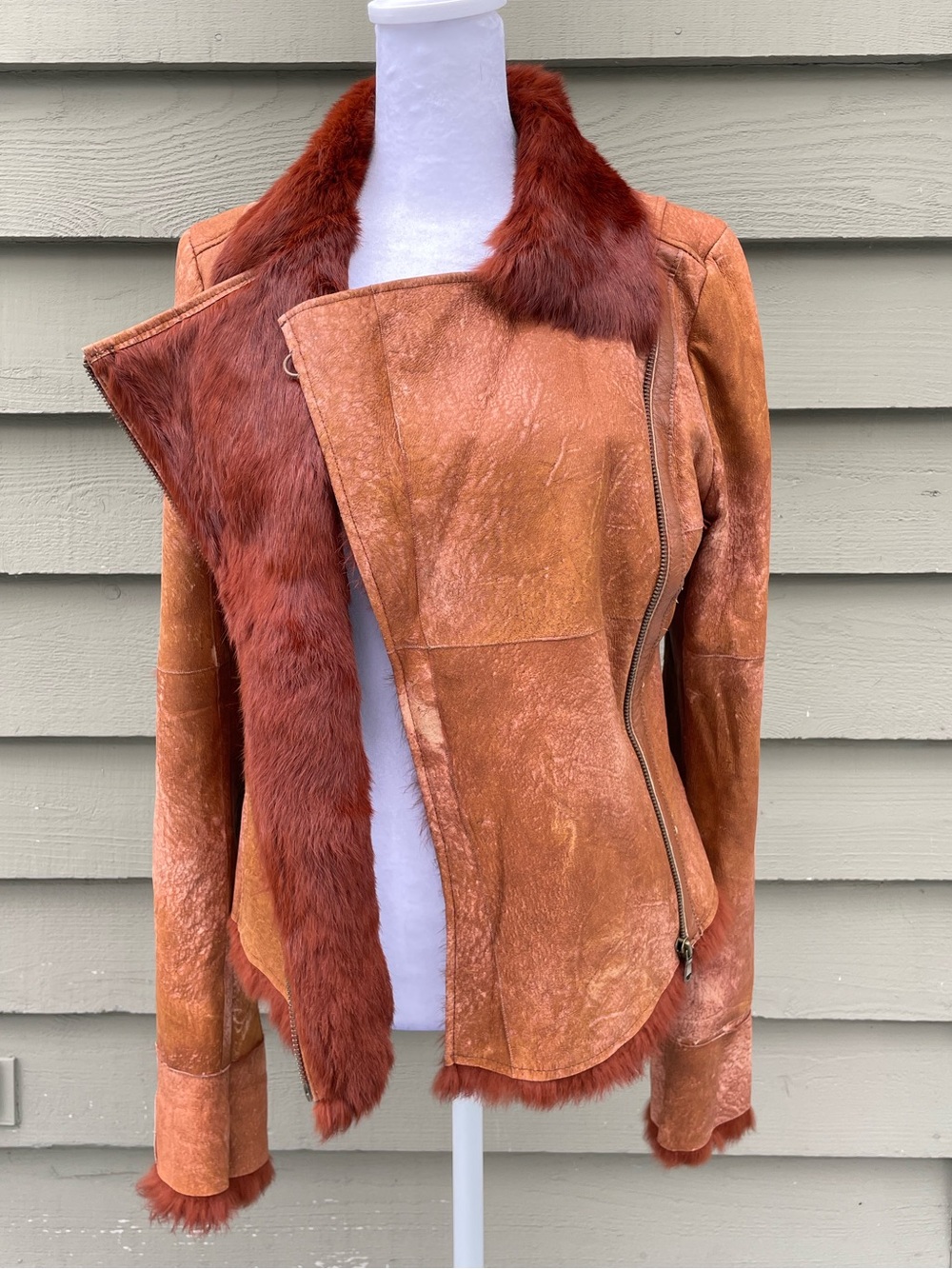 Y2K G-Brand Italy Rust Brown Shearling-Trim Leather Jacket size Small - Picture 8 of 13